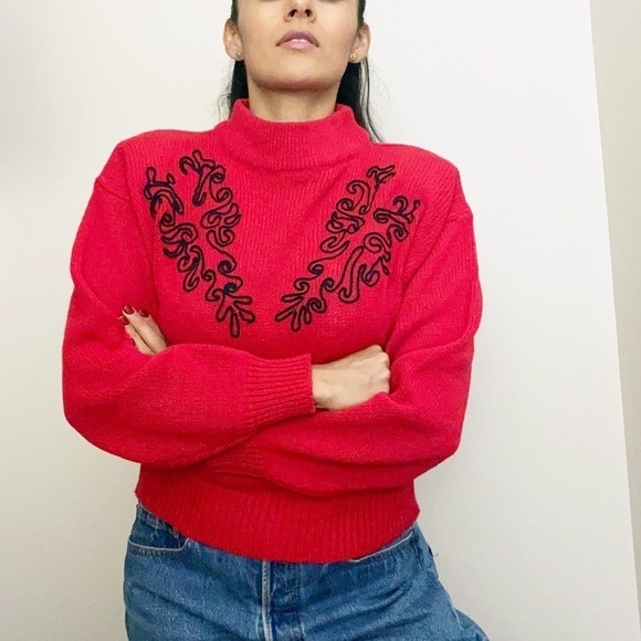 Vintage 80s Retro Knit Padded Shoulder Sweater Red - Picture 4 of 8